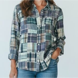 L.L. Bean Women's Patchwork Plaid Button Down Shirt - Blue and Green
